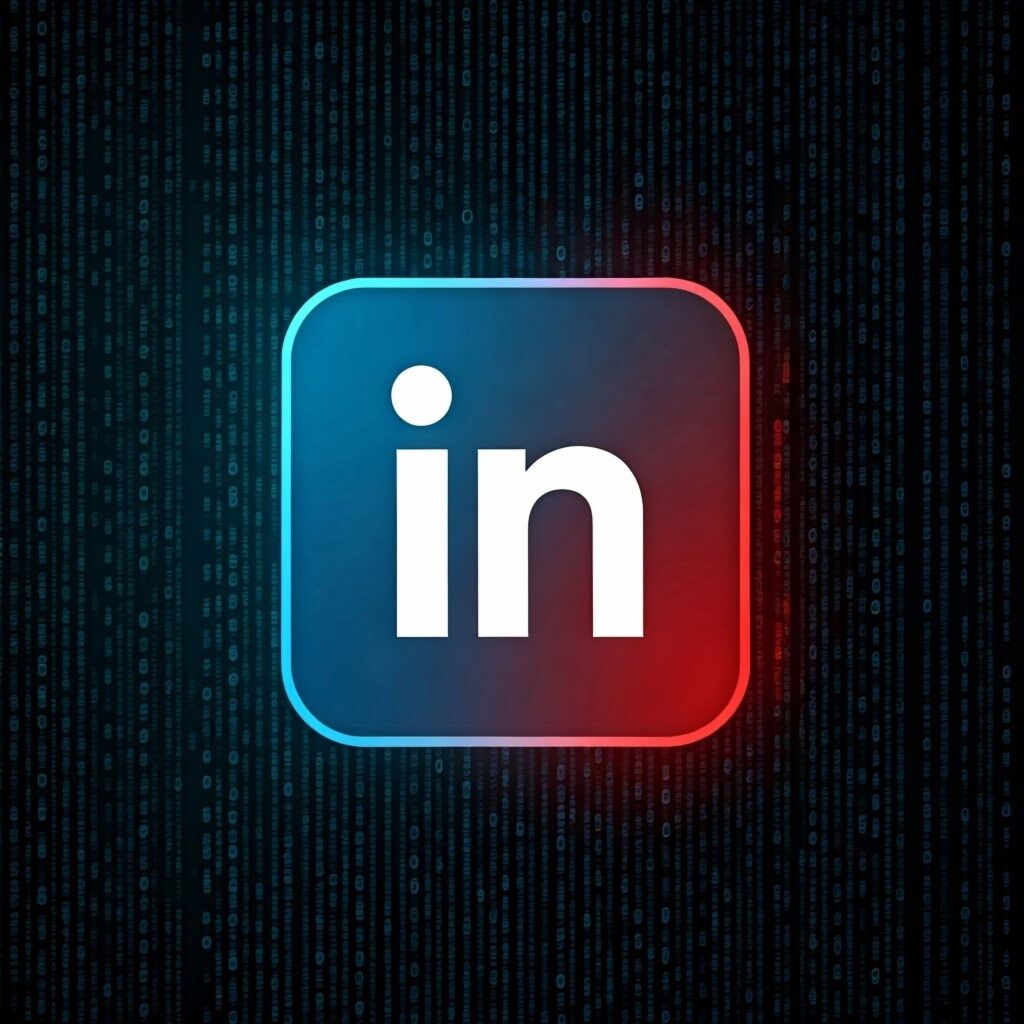 LinkedIn-logo met blauwe en rode gloed op een digitale achtergrond als visuele ondersteuning bij een training over professioneel gebruik van LinkedIn.