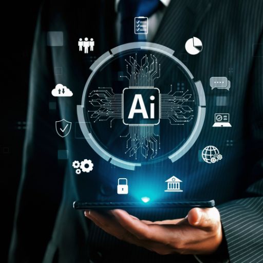 Zakelijke professional presenteert AI-dashboard op tablet met iconen voor data en communicatie tijdens Microsoft Copilot training. ai opleiding icoon