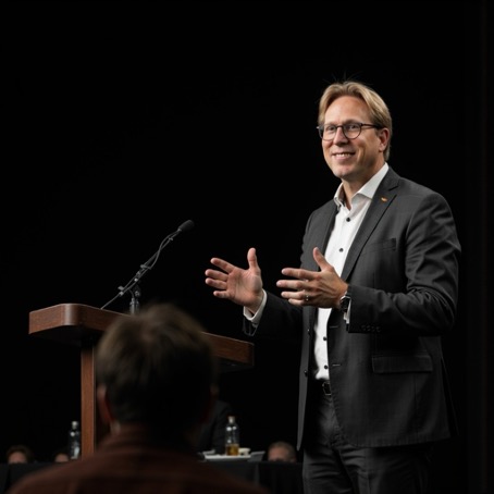 Harold Koenjer geeft presentatie bij spreekgestoelte voor publiek in donkere zaal.