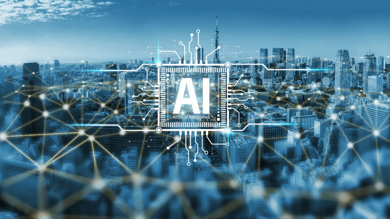 AI chip geprojecteerd op een skyline