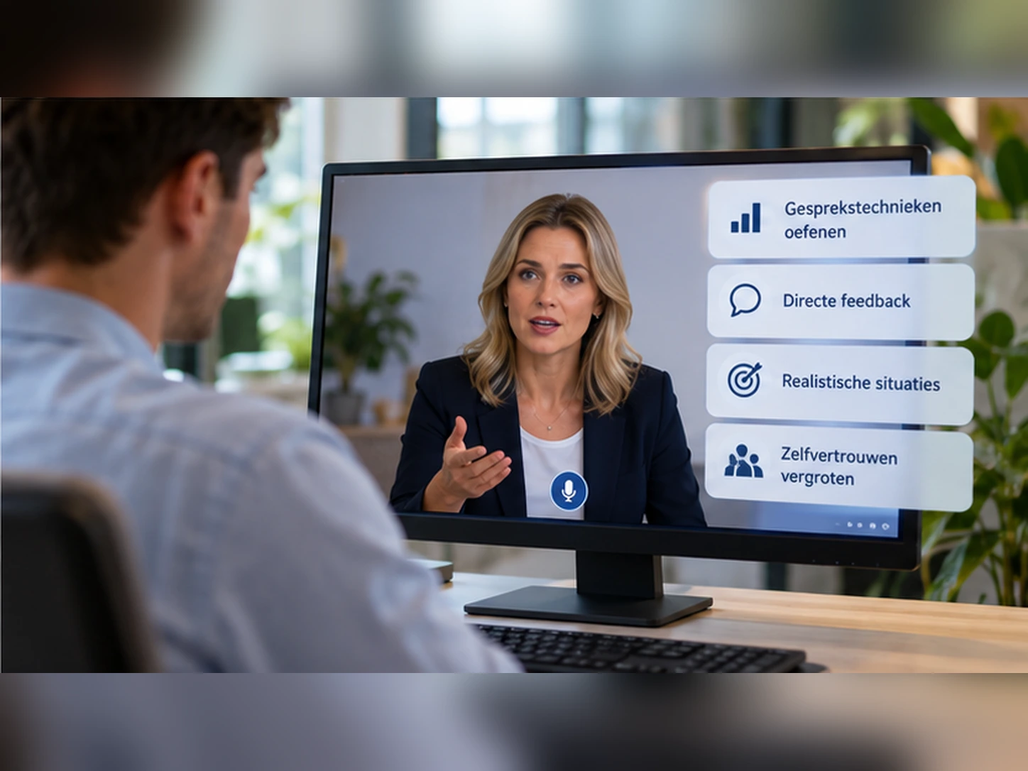 Medewerker oefent gesprekstechnieken met een virtuele AI-acteur en ontvangt digitale feedback op communicatievaardigheden.